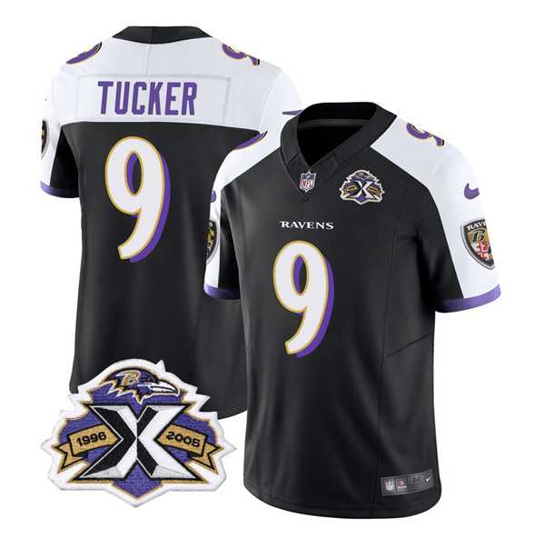 Men & Women & Youth Baltimore Ravens #9 Justin Tucker Black White 2023 F.U.S.E With Patch Throwback Vapor Limited Stitched Jersey